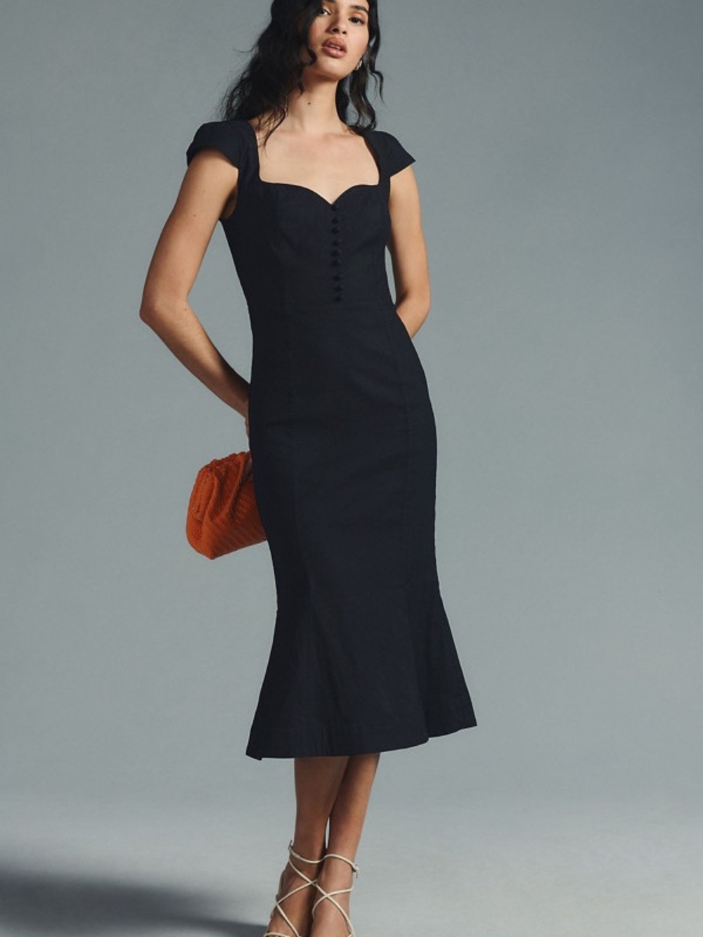 Anthropologie Black Cap-Sleeve Midi Dress with Sweetheart Neckline